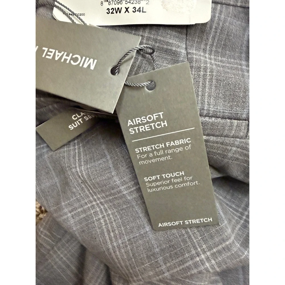 NEW Michael Kors Modern Fit Wool Blend Plaid Pants Light Grey Men's 32W x 34L